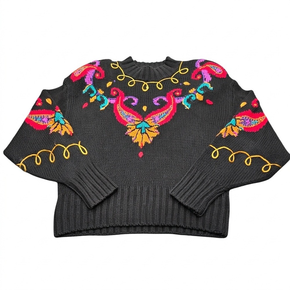 VTG Rebecca Stone Sweater M Paisley Embroidered Boho Art Wear Black Ramie Cotton